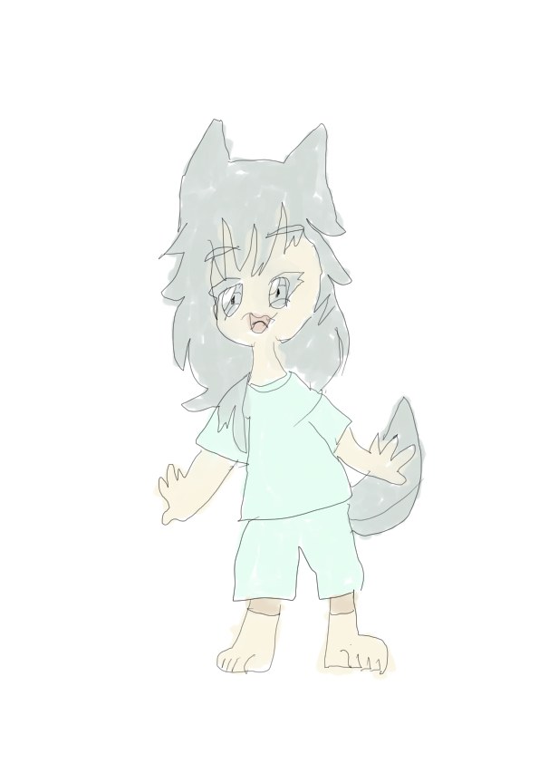 灰色の耳としっぽを持つオオカミの子がミントグリーンの服で笑って立つイラスト