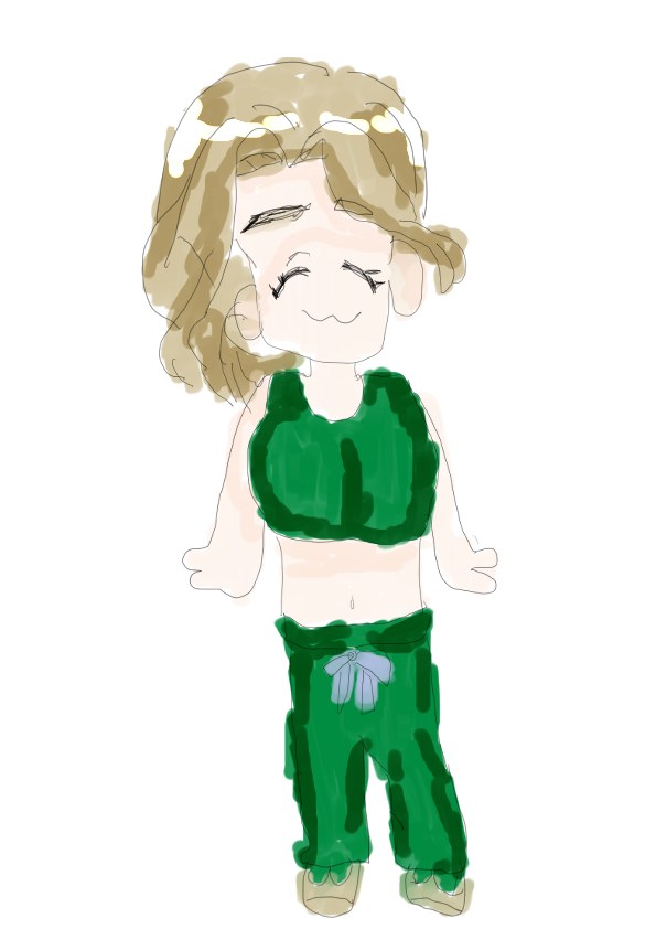 緑のトップスとパンツ姿の女の子が目を閉じてにっこり笑うちびキャライラスト