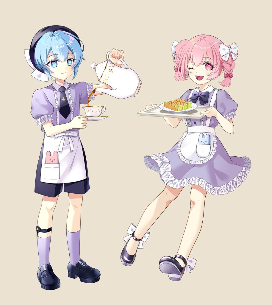 紫の制服姿の執事風の少年とメイド風の少女が紅茶とサンドイッチでもてなすイラスト
