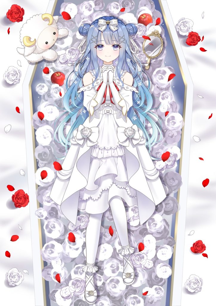 白薔薇と林檎に囲まれた棺に白いドレスの青髪の少女が手を組み横たわるイラスト