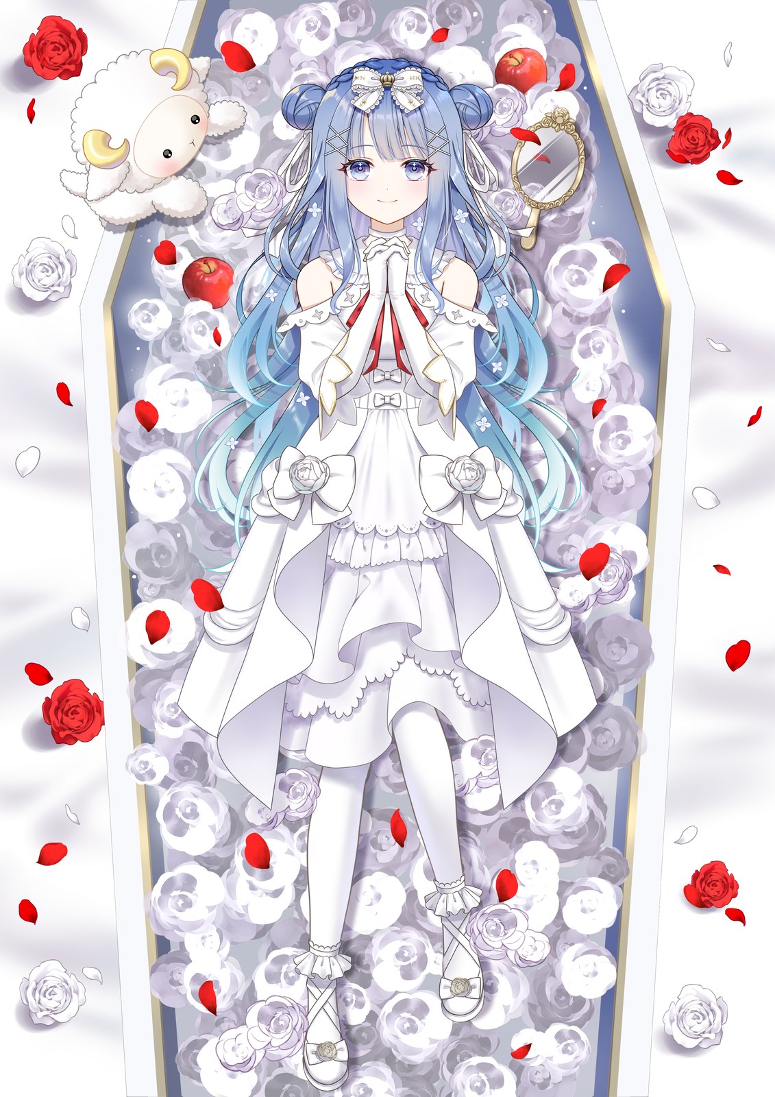 白薔薇と林檎に囲まれた棺に白いドレスの青髪の少女が手を組み横たわるイラスト