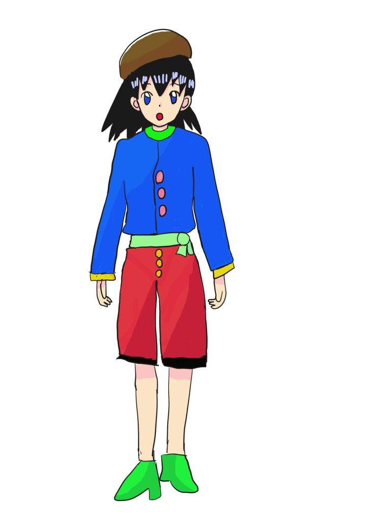 茶色いベレー帽に青い上着、赤い半ズボンの黒髪の女の子が正面を向いて立つ全身イラスト