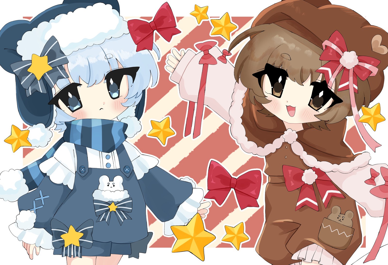 クマ耳フードの冬服を着たちびキャラの少女二人が、星と赤いリボンに囲まれて微笑むイラスト