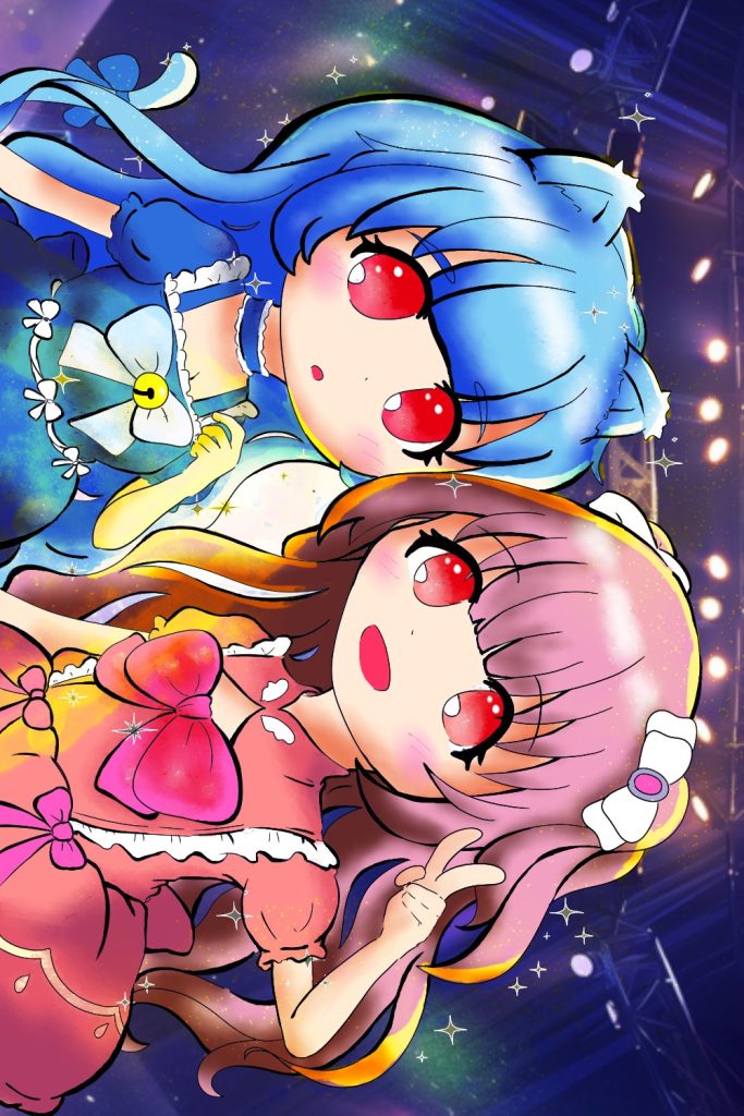 コンサートのライトを背に寄り添う青髪と桃色髪の少女のイラスト