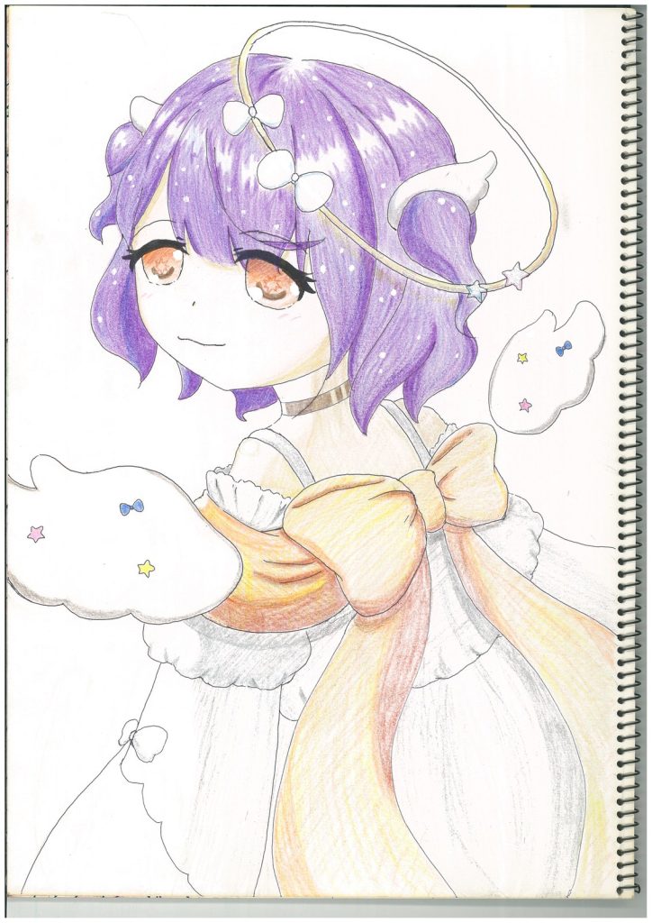 紫髪の少女と白いおばけを描いた色鉛筆画。星の飾りと天使の輪つき