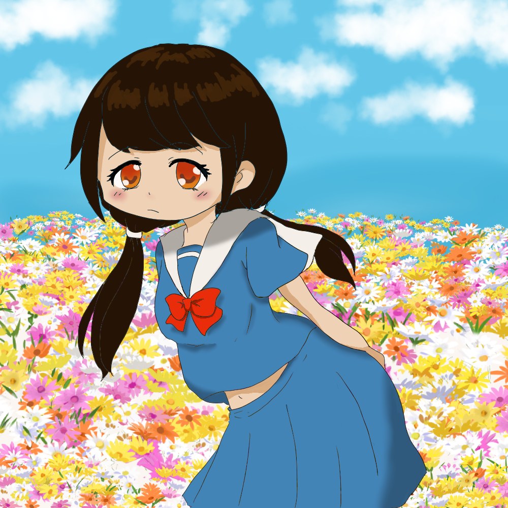 青空の下、色とりどりの花畑に立つセーラー服の少女のイラスト