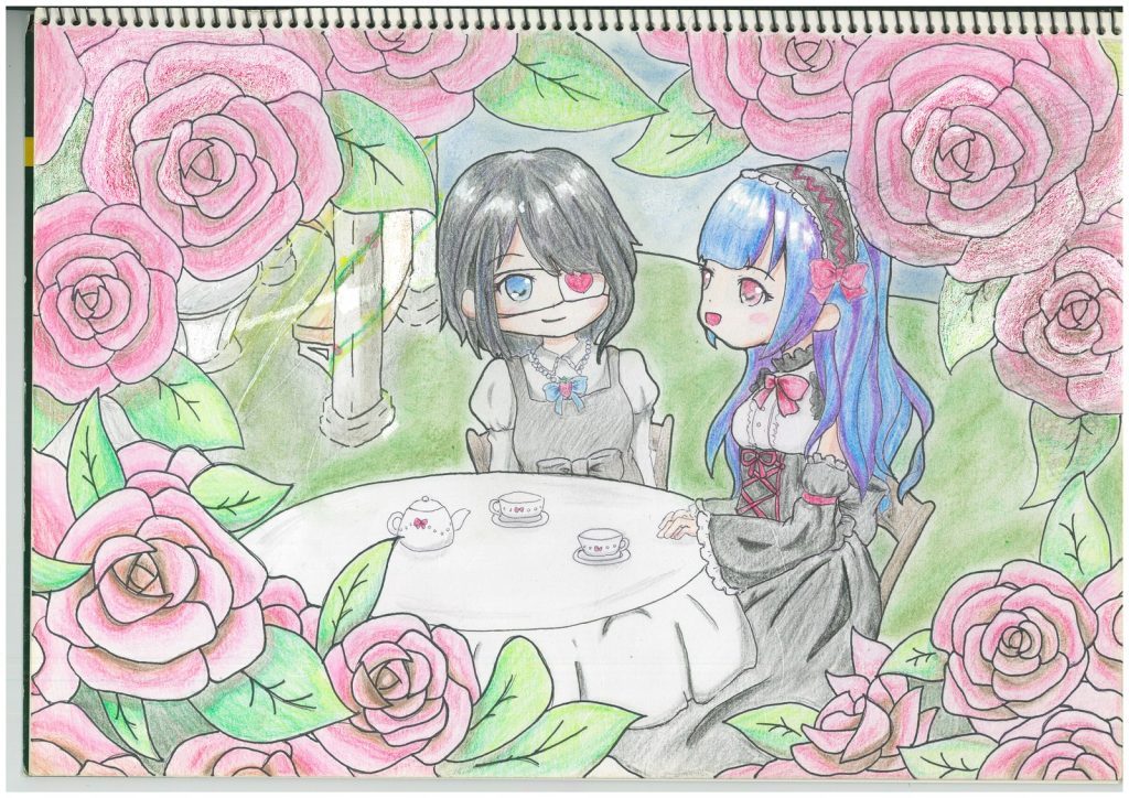ばらに囲まれた庭で二人の少女がお茶を楽しむ色鉛筆のアナログ画