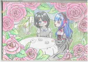 ばらに囲まれた庭で二人の少女がお茶を楽しむ色鉛筆のアナログ画