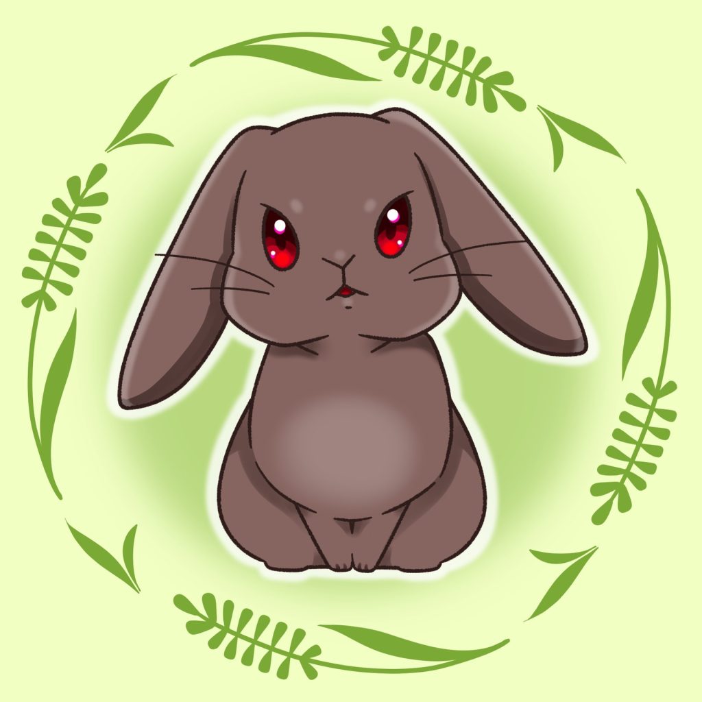緑の葉の輪の中に座る、赤い瞳の茶色い垂れ耳うさぎのイラスト