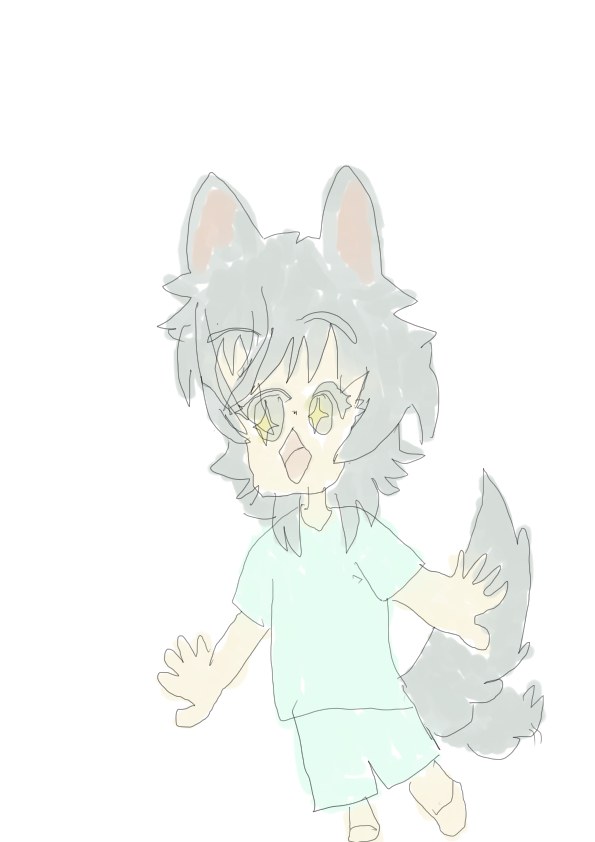 淡い色合いで描かれた、灰色の獣耳としっぽを持つ男の子のイラスト