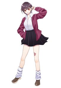 赤い瞳と髪留めの少女がえんじの上着と黒スカートで立つ全身イラスト