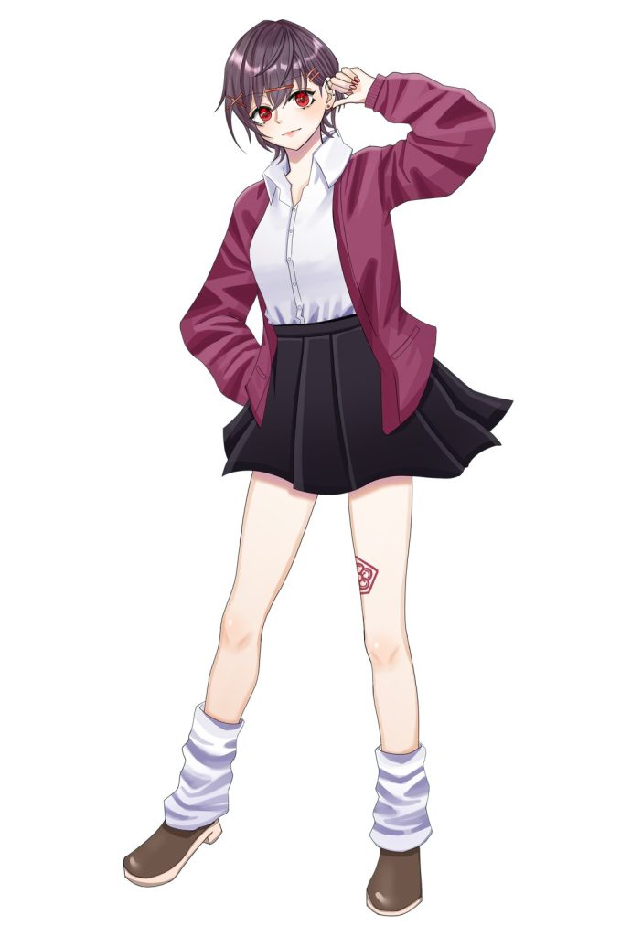 赤い瞳と髪留めの少女がえんじの上着と黒スカートで立つ全身イラスト