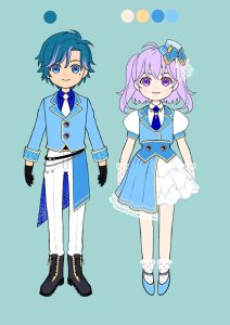 配色見本つきの、おそろいの青い衣装をまとった男女二人のデザイン画